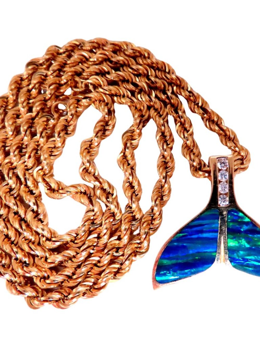 Opal Large Whale Tale Rope Chain Necklace 14kt Gold*